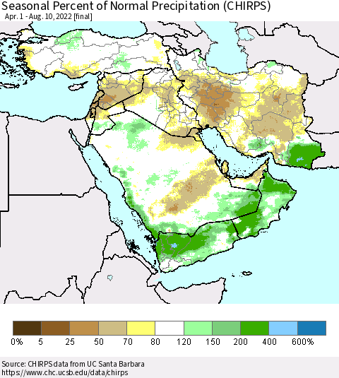 Middle East and Turkey Seasonal Percent of Normal Precipitation (CHIRPS) Thematic Map For 4/1/2022 - 8/10/2022