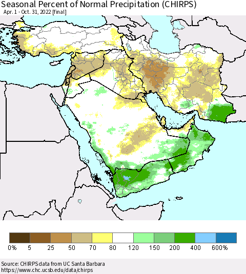 Middle East and Turkey Seasonal Percent of Normal Precipitation (CHIRPS) Thematic Map For 4/1/2022 - 10/31/2022