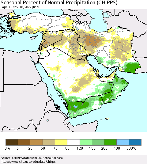 Middle East and Turkey Seasonal Percent of Normal Precipitation (CHIRPS) Thematic Map For 4/1/2022 - 11/10/2022