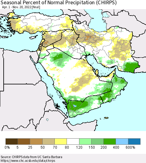 Middle East and Turkey Seasonal Percent of Normal Precipitation (CHIRPS) Thematic Map For 4/1/2022 - 11/20/2022
