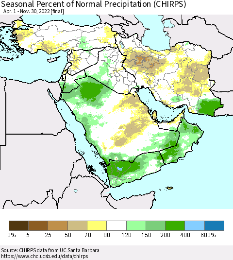 Middle East and Turkey Seasonal Percent of Normal Precipitation (CHIRPS) Thematic Map For 4/1/2022 - 11/30/2022