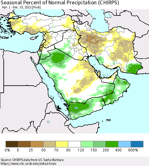 Middle East and Turkey Seasonal Percent of Normal Precipitation (CHIRPS) Thematic Map For 4/1/2022 - 12/10/2022