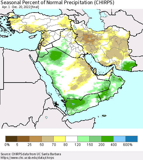 Middle East and Turkey Seasonal Percent of Normal Precipitation (CHIRPS) Thematic Map For 4/1/2022 - 12/20/2022