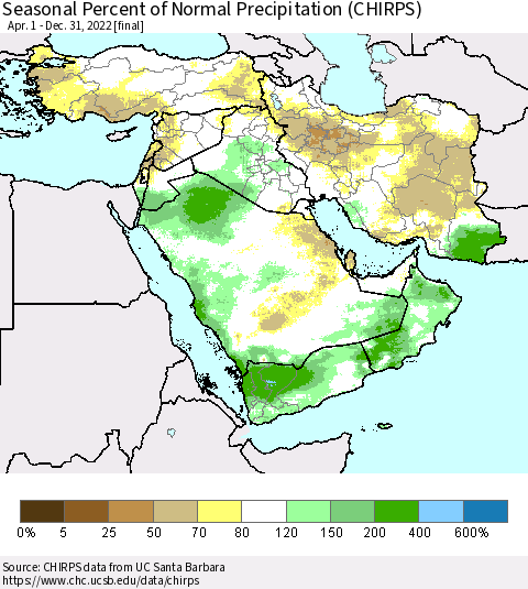 Middle East and Turkey Seasonal Percent of Normal Precipitation (CHIRPS) Thematic Map For 4/1/2022 - 12/31/2022