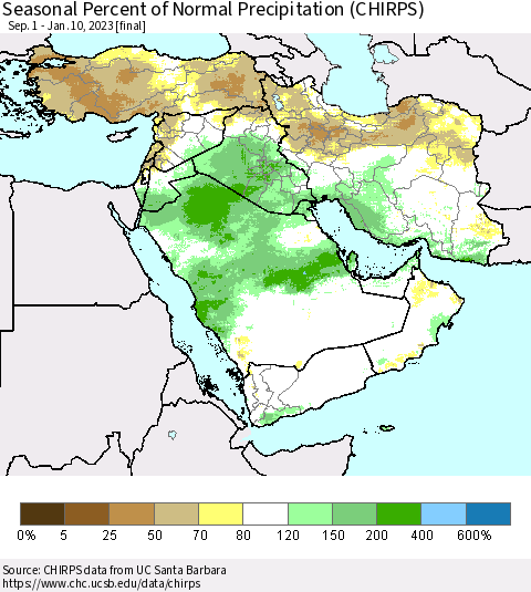 Middle East and Turkey Seasonal Percent of Normal Precipitation (CHIRPS) Thematic Map For 9/1/2022 - 1/10/2023
