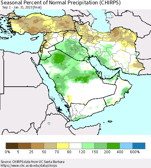 Middle East and Turkey Seasonal Percent of Normal Precipitation (CHIRPS) Thematic Map For 9/1/2022 - 1/31/2023