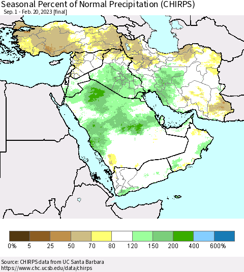 Middle East and Turkey Seasonal Percent of Normal Precipitation (CHIRPS) Thematic Map For 9/1/2022 - 2/20/2023