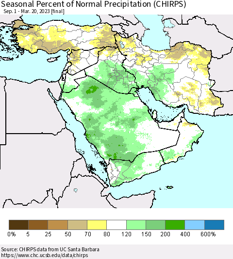 Middle East and Turkey Seasonal Percent of Normal Precipitation (CHIRPS) Thematic Map For 9/1/2022 - 3/20/2023