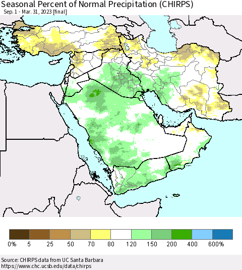 Middle East and Turkey Seasonal Percent of Normal Precipitation (CHIRPS) Thematic Map For 9/1/2022 - 3/31/2023