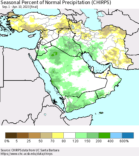 Middle East and Turkey Seasonal Percent of Normal Precipitation (CHIRPS) Thematic Map For 9/1/2022 - 4/10/2023