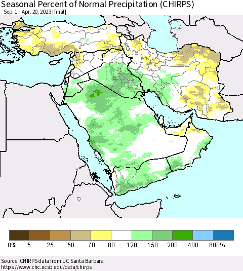 Middle East and Turkey Seasonal Percent of Normal Precipitation (CHIRPS) Thematic Map For 9/1/2022 - 4/20/2023
