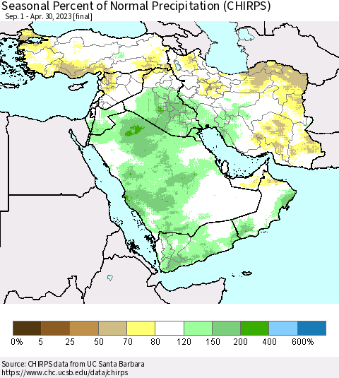Middle East and Turkey Seasonal Percent of Normal Precipitation (CHIRPS) Thematic Map For 9/1/2022 - 4/30/2023