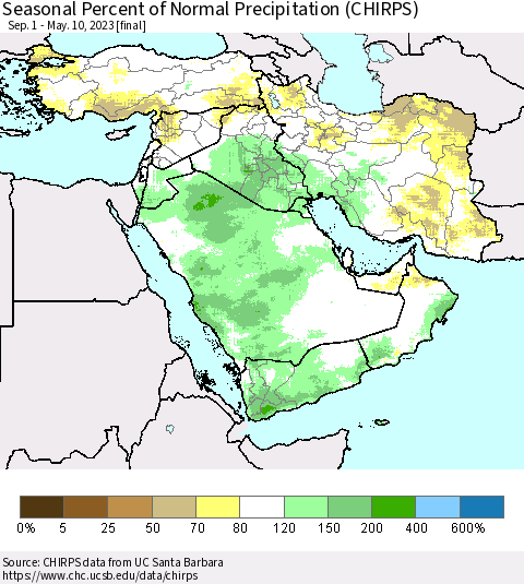 Middle East and Turkey Seasonal Percent of Normal Precipitation (CHIRPS) Thematic Map For 9/1/2022 - 5/10/2023
