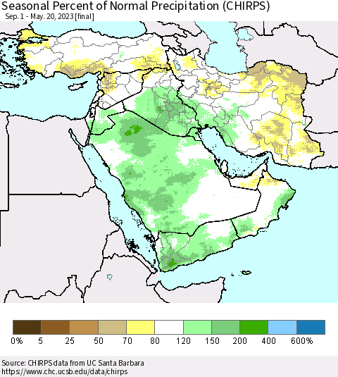 Middle East and Turkey Seasonal Percent of Normal Precipitation (CHIRPS) Thematic Map For 9/1/2022 - 5/20/2023