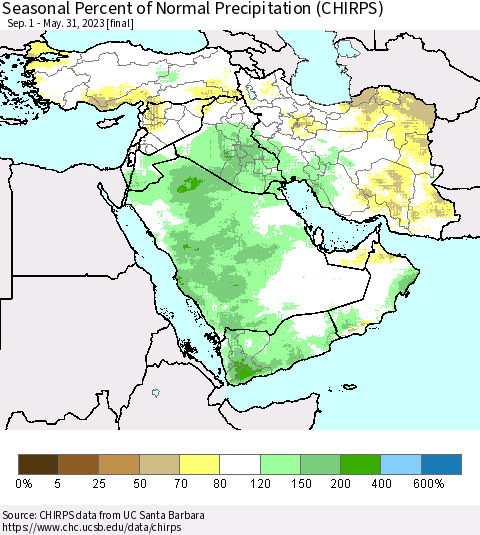 Middle East and Turkey Seasonal Percent of Normal Precipitation (CHIRPS) Thematic Map For 9/1/2022 - 5/31/2023