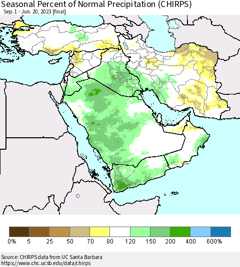 Middle East and Turkey Seasonal Percent of Normal Precipitation (CHIRPS) Thematic Map For 9/1/2022 - 6/20/2023