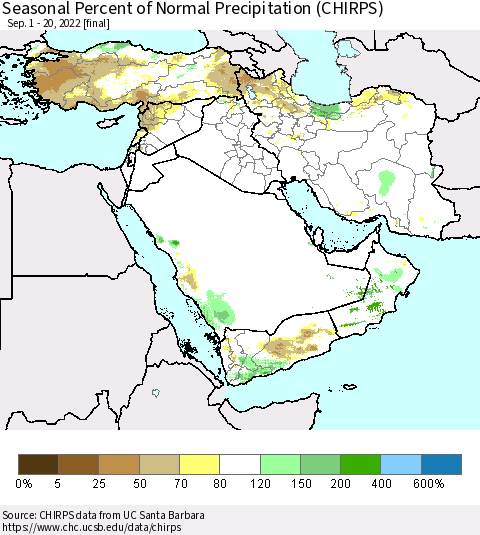 Middle East and Turkey Seasonal Percent of Normal Precipitation (CHIRPS) Thematic Map For 9/1/2022 - 9/20/2022