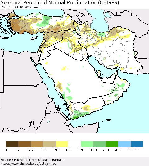 Middle East and Turkey Seasonal Percent of Normal Precipitation (CHIRPS) Thematic Map For 9/1/2022 - 10/10/2022