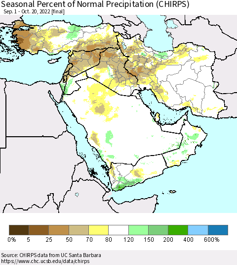 Middle East and Turkey Seasonal Percent of Normal Precipitation (CHIRPS) Thematic Map For 9/1/2022 - 10/20/2022