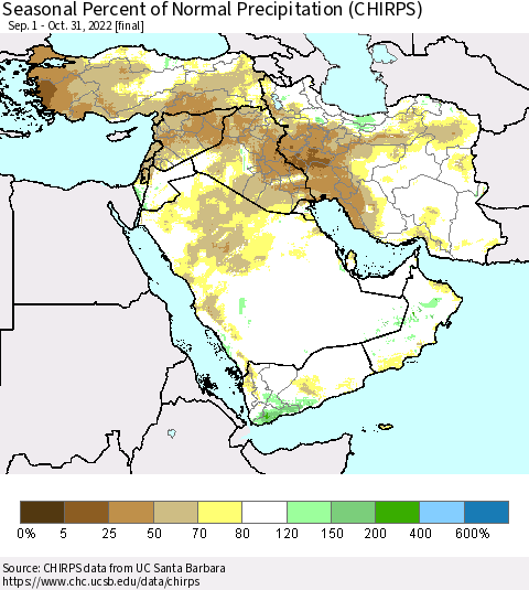 Middle East and Turkey Seasonal Percent of Normal Precipitation (CHIRPS) Thematic Map For 9/1/2022 - 10/31/2022