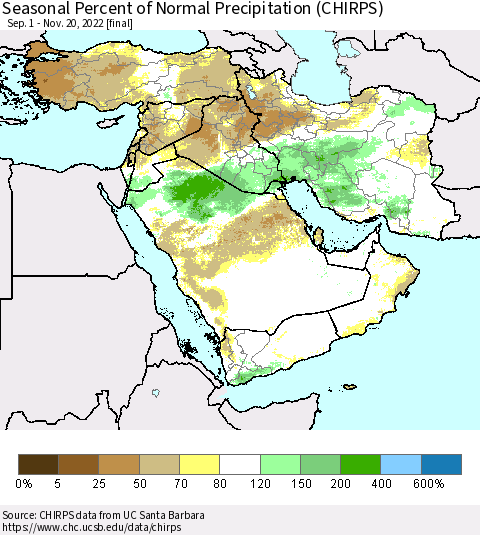 Middle East and Turkey Seasonal Percent of Normal Precipitation (CHIRPS) Thematic Map For 9/1/2022 - 11/20/2022