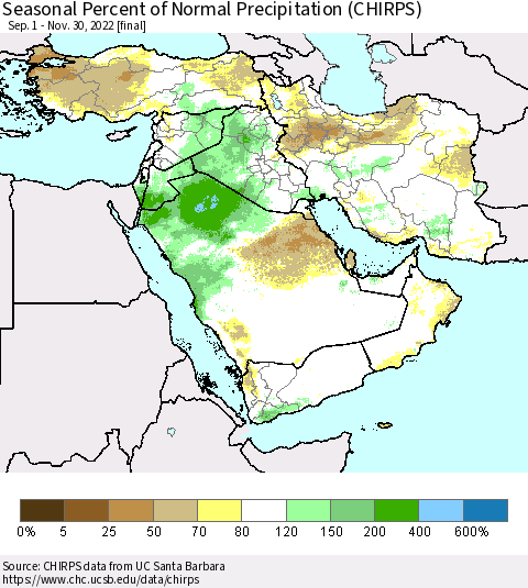 Middle East and Turkey Seasonal Percent of Normal Precipitation (CHIRPS) Thematic Map For 9/1/2022 - 11/30/2022