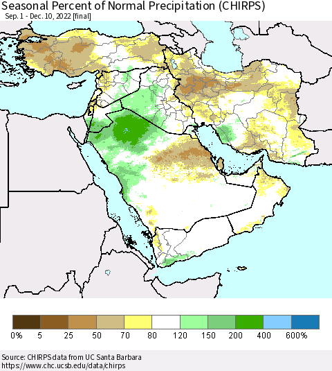 Middle East and Turkey Seasonal Percent of Normal Precipitation (CHIRPS) Thematic Map For 9/1/2022 - 12/10/2022