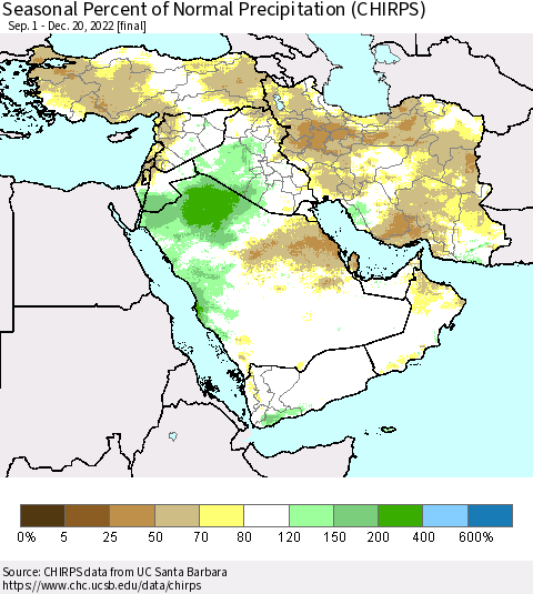 Middle East and Turkey Seasonal Percent of Normal Precipitation (CHIRPS) Thematic Map For 9/1/2022 - 12/20/2022