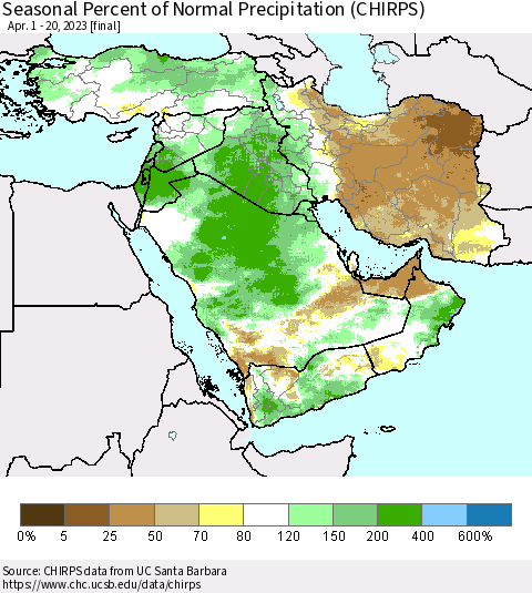 Middle East and Turkey Seasonal Percent of Normal Precipitation (CHIRPS) Thematic Map For 4/1/2023 - 4/20/2023