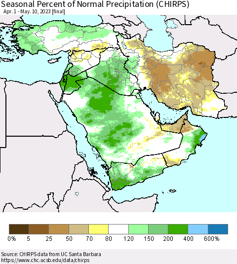 Middle East and Turkey Seasonal Percent of Normal Precipitation (CHIRPS) Thematic Map For 4/1/2023 - 5/10/2023