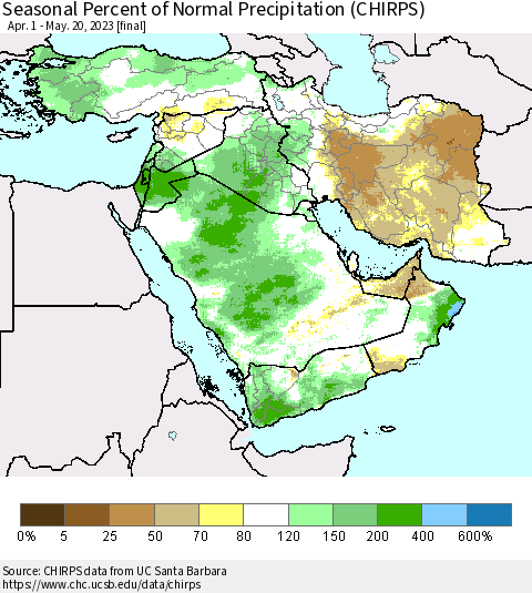 Middle East and Turkey Seasonal Percent of Normal Precipitation (CHIRPS) Thematic Map For 4/1/2023 - 5/20/2023