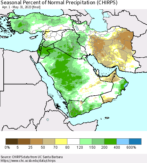 Middle East and Turkey Seasonal Percent of Normal Precipitation (CHIRPS) Thematic Map For 4/1/2023 - 5/31/2023