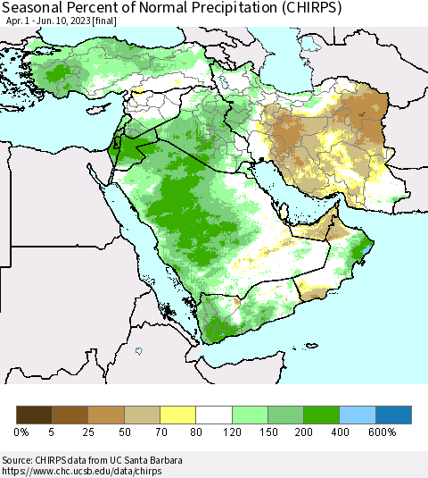 Middle East and Turkey Seasonal Percent of Normal Precipitation (CHIRPS) Thematic Map For 4/1/2023 - 6/10/2023