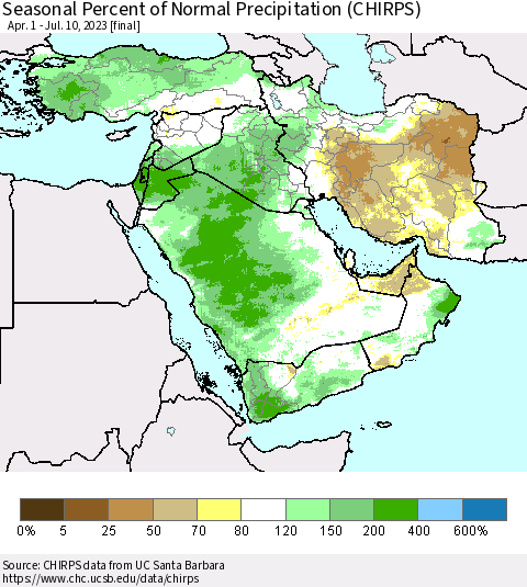 Middle East and Turkey Seasonal Percent of Normal Precipitation (CHIRPS) Thematic Map For 4/1/2023 - 7/10/2023