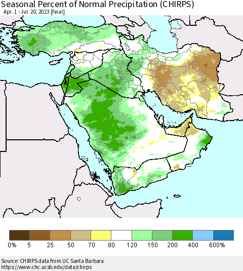 Middle East and Turkey Seasonal Percent of Normal Precipitation (CHIRPS) Thematic Map For 4/1/2023 - 7/20/2023