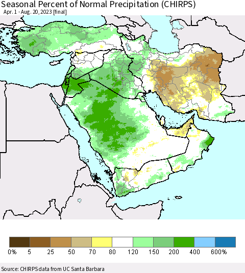 Middle East and Turkey Seasonal Percent of Normal Precipitation (CHIRPS) Thematic Map For 4/1/2023 - 8/20/2023