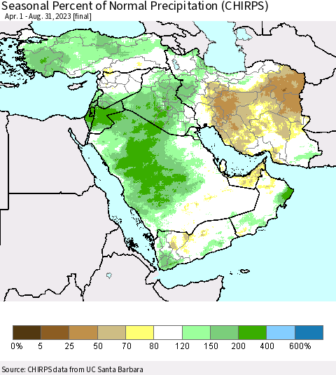 Middle East and Turkey Seasonal Percent of Normal Precipitation (CHIRPS) Thematic Map For 4/1/2023 - 8/31/2023