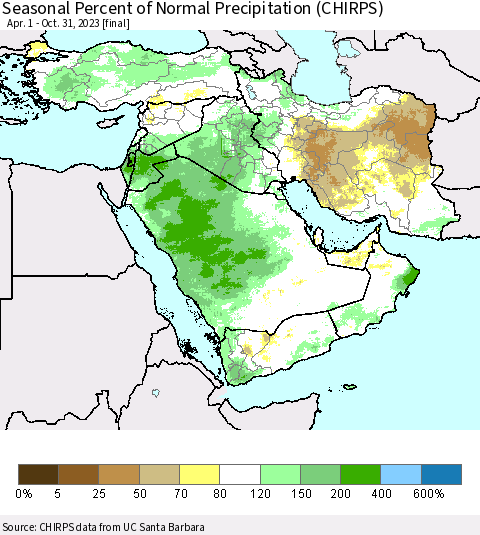 Middle East and Turkey Seasonal Percent of Normal Precipitation (CHIRPS) Thematic Map For 4/1/2023 - 10/31/2023
