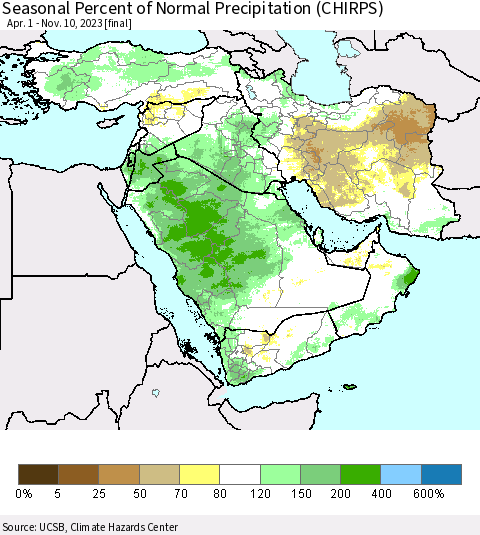 Middle East and Turkey Seasonal Percent of Normal Precipitation (CHIRPS) Thematic Map For 4/1/2023 - 11/10/2023