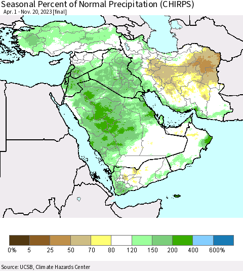 Middle East and Turkey Seasonal Percent of Normal Precipitation (CHIRPS) Thematic Map For 4/1/2023 - 11/20/2023