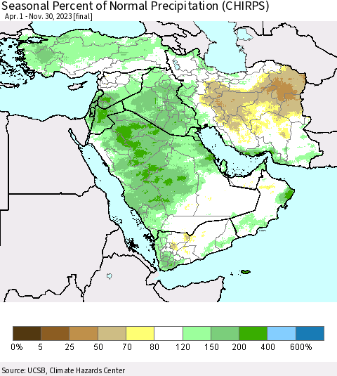 Middle East and Turkey Seasonal Percent of Normal Precipitation (CHIRPS) Thematic Map For 4/1/2023 - 11/30/2023