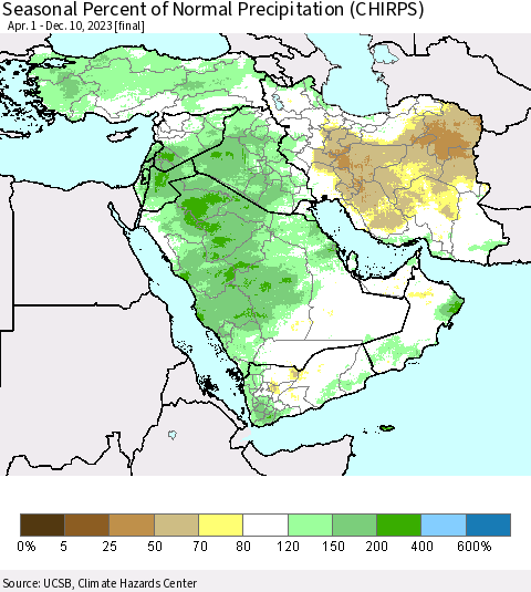 Middle East and Turkey Seasonal Percent of Normal Precipitation (CHIRPS) Thematic Map For 4/1/2023 - 12/10/2023