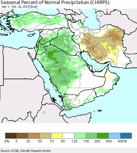 Middle East and Turkey Seasonal Percent of Normal Precipitation (CHIRPS) Thematic Map For 4/1/2023 - 12/20/2023
