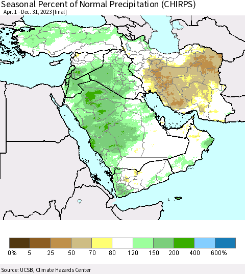 Middle East and Turkey Seasonal Percent of Normal Precipitation (CHIRPS) Thematic Map For 4/1/2023 - 12/31/2023