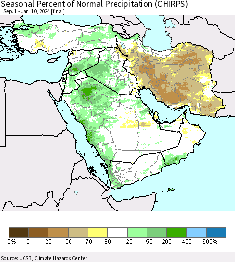 Middle East and Turkey Seasonal Percent of Normal Precipitation (CHIRPS) Thematic Map For 9/1/2023 - 1/10/2024