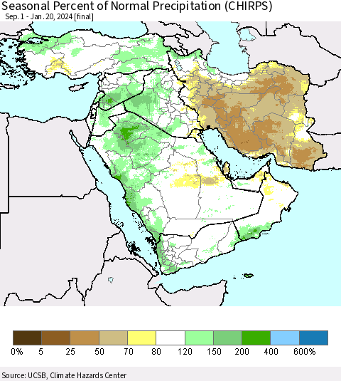 Middle East and Turkey Seasonal Percent of Normal Precipitation (CHIRPS) Thematic Map For 9/1/2023 - 1/20/2024