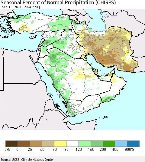 Middle East and Turkey Seasonal Percent of Normal Precipitation (CHIRPS) Thematic Map For 9/1/2023 - 1/31/2024