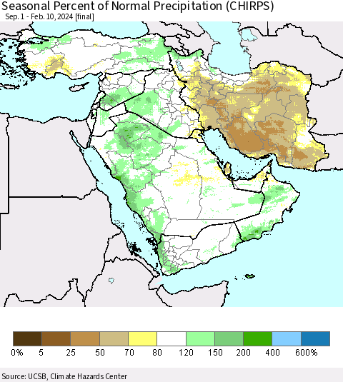 Middle East and Turkey Seasonal Percent of Normal Precipitation (CHIRPS) Thematic Map For 9/1/2023 - 2/10/2024