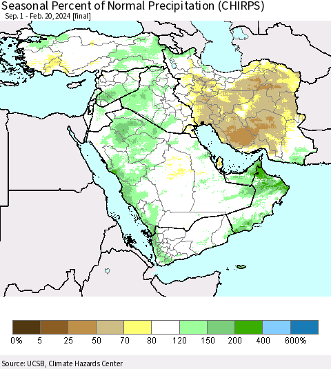 Middle East and Turkey Seasonal Percent of Normal Precipitation (CHIRPS) Thematic Map For 9/1/2023 - 2/20/2024