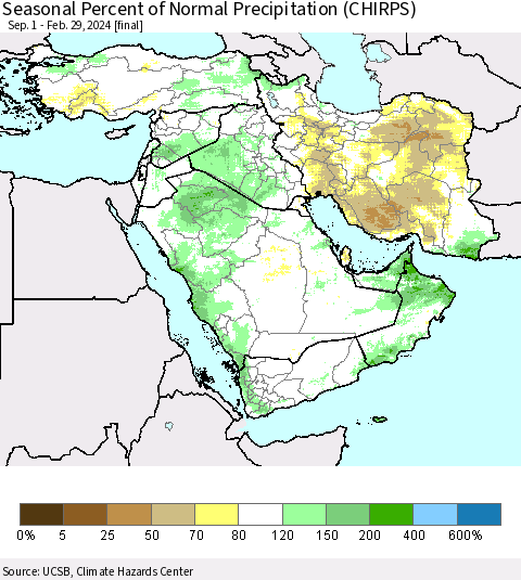 Middle East and Turkey Seasonal Percent of Normal Precipitation (CHIRPS) Thematic Map For 9/1/2023 - 2/29/2024